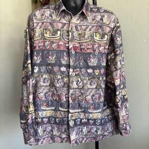 Vintage Signum Germany Shirt L Medieval Ships & Coat of Arm Print Brushed Cotton